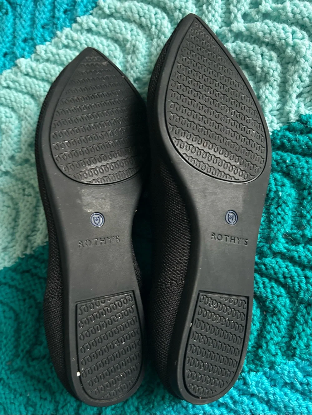 Rothy's Black Pointed Flats with Blue Trim